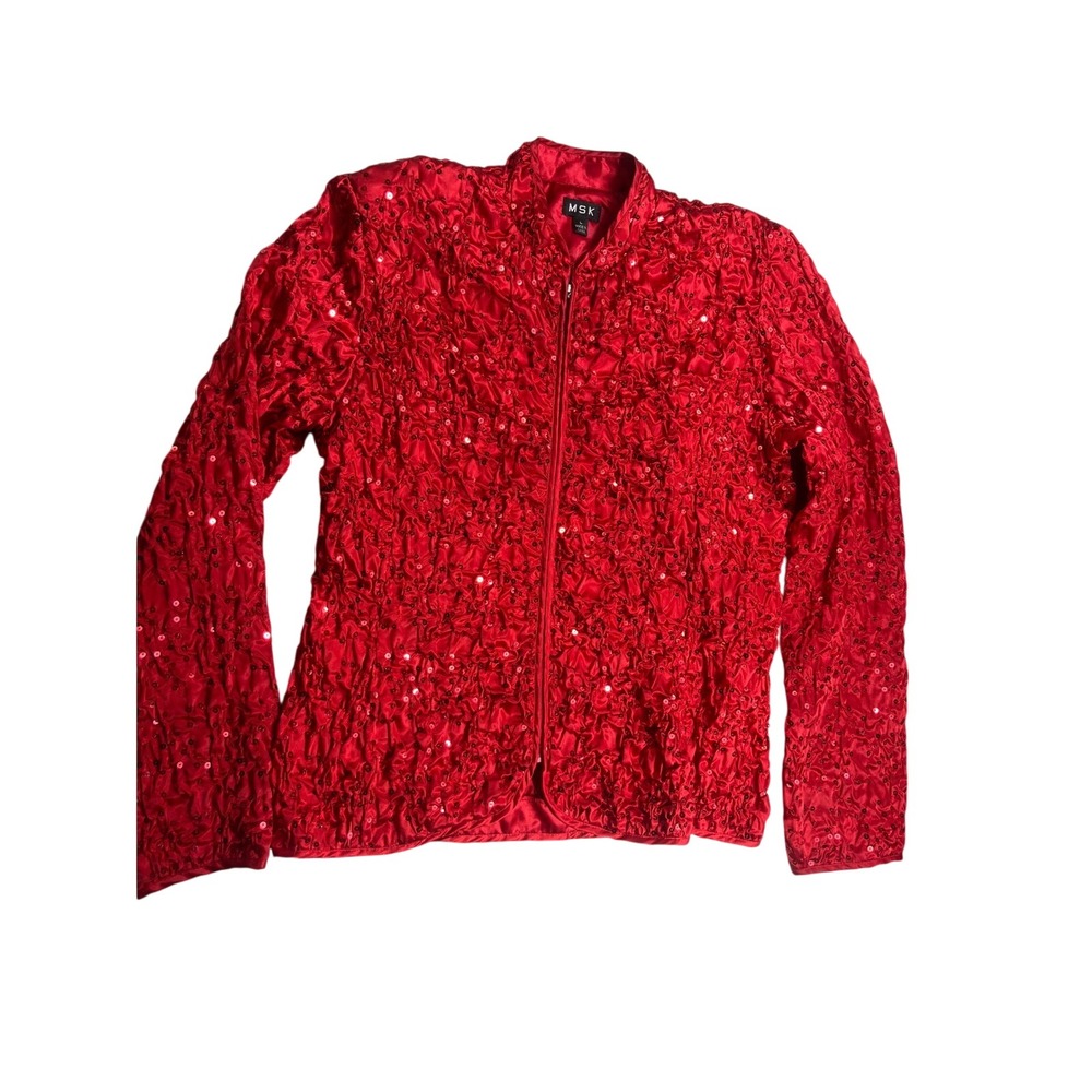 MSK Womens Large Red Sequin Jacket Ruched Satin Zip Front Holiday Party Gla